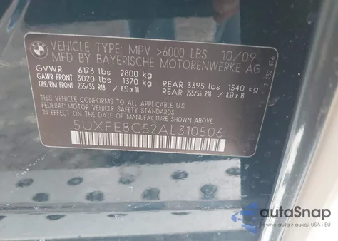 2010 BMW X5 xDrive48I z USA, uszkodzony, nr VIN 5UXFE8C52AL310506